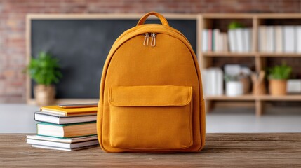 A school backpack against the background of a classroom with a board and shelves for books. Concept of the beginning of the school year.