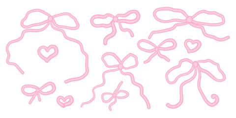 Hand drawn trendy pink girly vintage bow and hearts set. Bow for hair decor flat. Ribbons isolated. Trendy girls accessories. Cute hairstyle elements collection