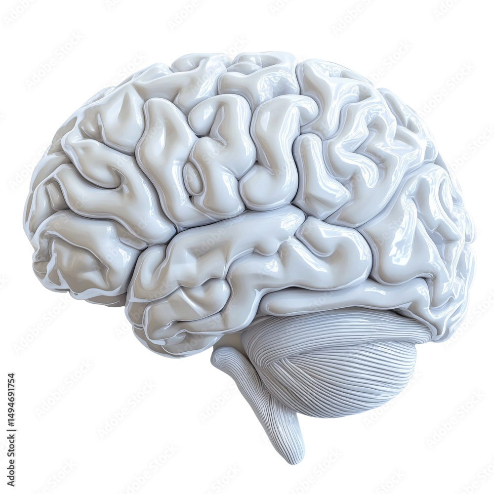 Poster detailed 3D model of human brain showcasing intricate folds and structures, emphasizing its complexity and importance in neuroscience