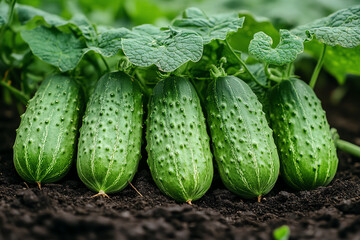 Fresh cucumbers growing in a lush garden, showcasing vibrant green colors and wholesome texture, perfect for healthy recipes.