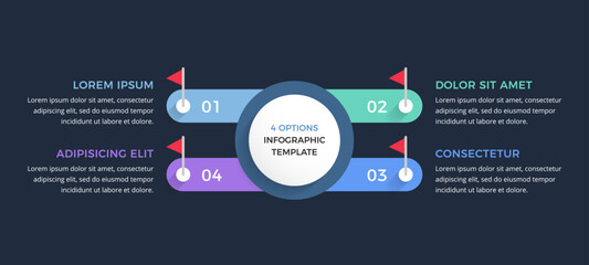 Naklejka premium Modern infographic template with four options with red flag markers for presentations or workflows, dark background, vector eps10 illustration