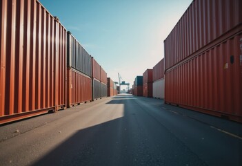Fototapeta premium Shipping containers lined up in a freight yard under clear blue skies