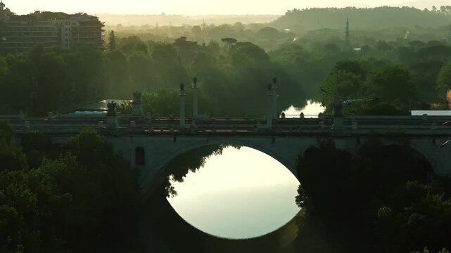 Il viadotto di Corso Francia a Roma, Italia.
Vista aerea del ponte di Corso Francia che attraversa il fiume Tevere a Roma, in una mattina d'estate.