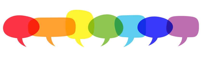 Colorful overlapping speech bubbles vector. Rainbow dialog icons in flat style. Communication, chat, message concept for social media, forums, discussion, teamwork, and network design.