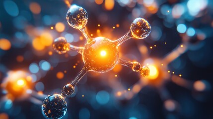 A close-up of a molecular structure glowing in a virtual reality science lab