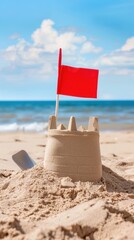Sandcastle with a red flag on a sunny beach with blue skies and ocean in the background.