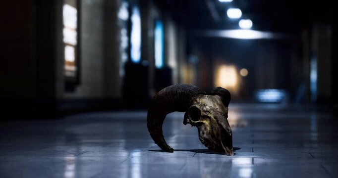 An old ram skull rests on the polished floor of a dimly lit hall. Shadows stretch along the walls, enhancing the eerie atmosphere of the abandoned space.