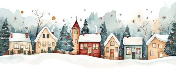 Fototapeta premium Watercolor Winter Village Scene Snowy Houses, Christmas Trees, Holiday Decor, Winter Wonderland, Christmas Card, Winter Village Christmas, Watercolor