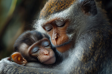Mother monkey cradling her baby