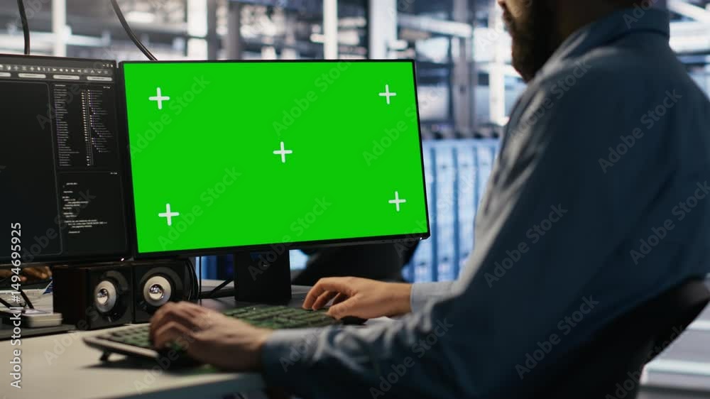 Poster close up of data center technician using green screen pc to monitor neural network ai. server room w