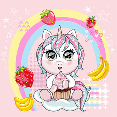 Cute pony unicorn holding cupcake.