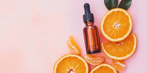 Amber dropper bottle next to orange slices. Citrus essential oil. Natural vitamin C serum and face cream, skin care products. Cosmetic and fresh fruit, bright trendy layout. Antioxidant Extract plant
