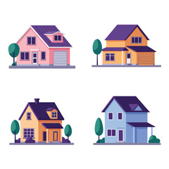 Modern simple suburban house exterior set in flat style design, set of colorful house exterior, vector illustration isolated on white. 