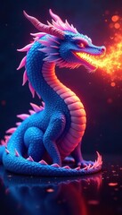 Fototapeta premium Neon blue dragon, vibrant glowing fire breath, mythical, vibrant, neon