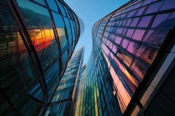Curved skyscraper reflecting colorful skyline
