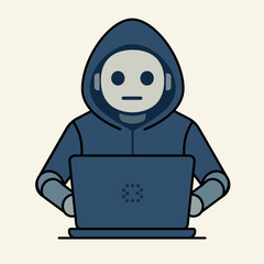 Vector illustration Stylized concept of AI robot working on laptop, hacker bot or cybersecurity automation. Suitable for tech designs and infographics.