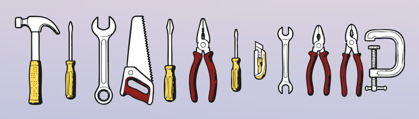 Vector set of hand drawn construction tools in sketch style on light background. Hammer, wrench, pliers, saw, screwdrivers. suitable for DIY, repair or workshop design.