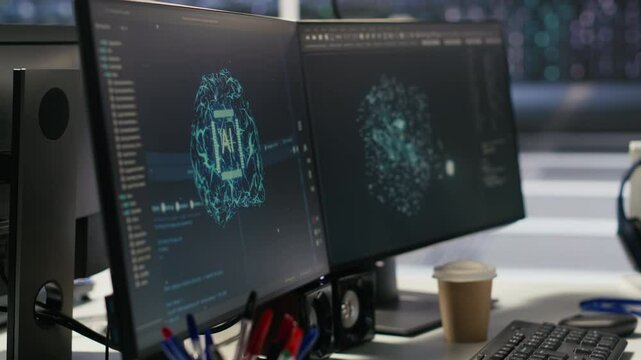 Data center PCs showing neural network visualization and code debugging tools running. Computer systems in server farm powering machine learning and automated research tasks
