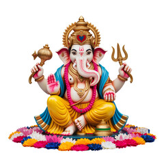Vibrant Ganesha Statue Surrounded by Colorful Flowers