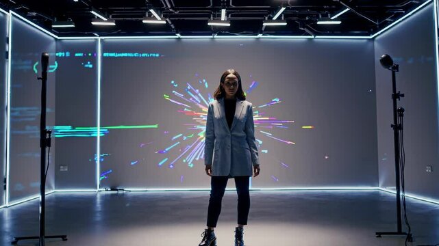 Professional software engineer is presenting new futuristic software in immersive digital environment with colorful visual effects and code lines projected on a large screen in a dark studio