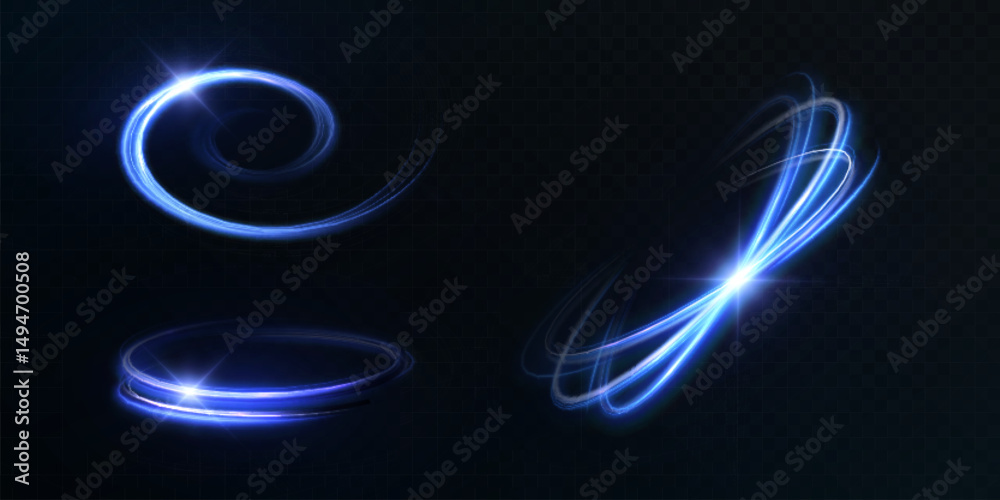 Poster dynamic traces of light energy flow of vortex rings with bright blue glow. suitable for game hud, en
