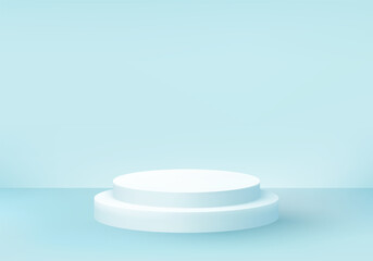 White round podium on soft light blue background, minimal 3D scene for product display or UI presentation in modern vector style