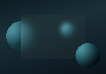Dark glassmorphism panel with floating teal spheres on blue-gray background, modern 3D interface design with soft blur and depth effect.