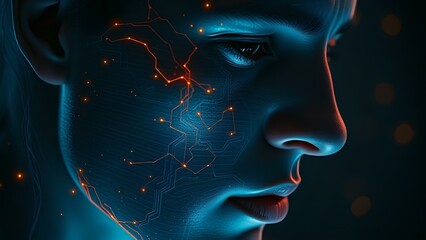 A highly detailed digital rendering of a human face with integrated glowing circuit lines and neural network patterns, emphasizing connection between humans and advanced technology in a dark setting