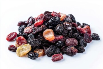 Fototapeta premium Dried fruits isolated on white. Pile of dried berries assortment. Sweet Mix of Healthy sundried organic fruits. Trail mix. Cranberry, rhubarb, apple, mango, cherry, peach, apricot. High dose vitamin C