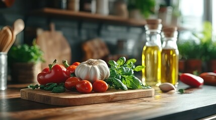 Kitchen countertop with fresh vegetables and herbs, olive oil bottles