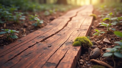 Wooden Path Through a Sunlit Forest