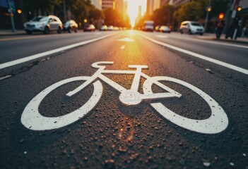 Obraz premium Bicycle lane marking on a city street during sunset