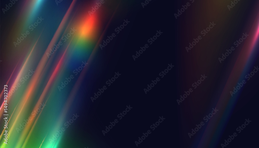 Poster Diagonal prism light streaks with rainbow dispersion on dark background. Abstract refraction glow texture for digital design, holographic overlays and visual backdrops.

