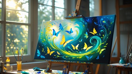 Butterflies on Canvas A Vibrant Painting in the Art Studio