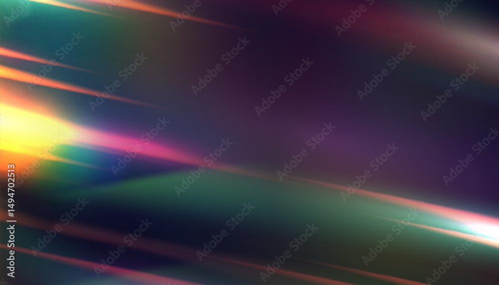 Poster Diagonal prism light streaks with rainbow dispersion on dark background. Abstract refraction glow texture for digital design, holographic overlays and visual backdrops.

