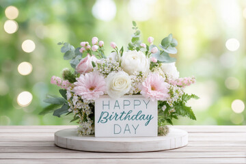 A stunning floral arrangement showcases soft pink and white flowers, including roses and daisies, alongside a heartfelt birthday message. The natural backdrop adds warmth and joy