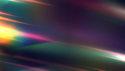 Diagonal prism light streaks with rainbow dispersion on dark background. Abstract refraction glow texture for digital design, holographic overlays and visual backdrops.

