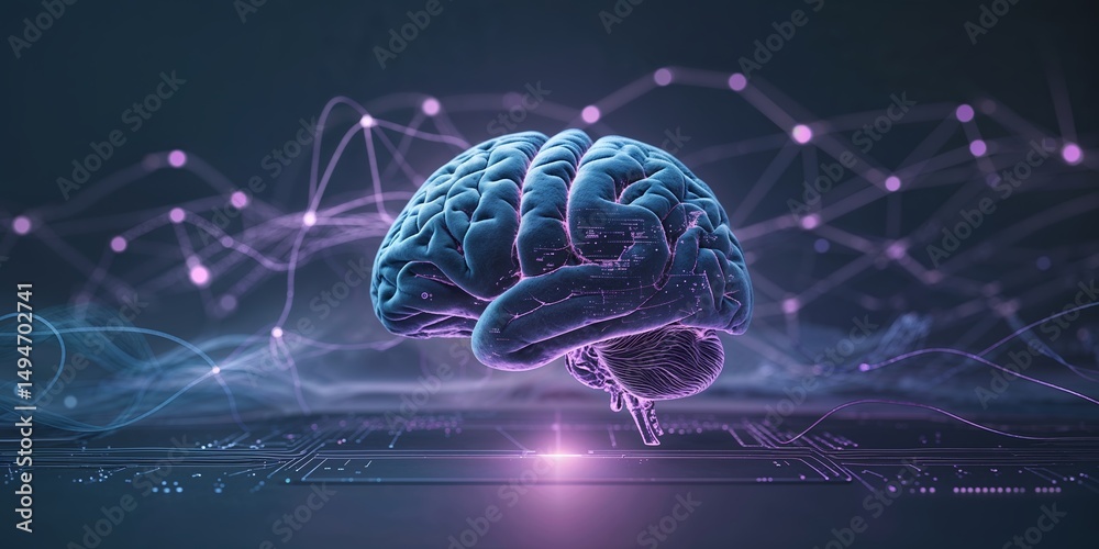 Poster digital brain visualization showcasing neural connections and data patterns in a futuristic environm