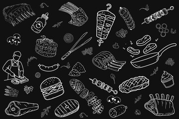Fresh meat products collection. Vector drawing. Hand-drawn drawing. Can be used for menu and poster designs.
