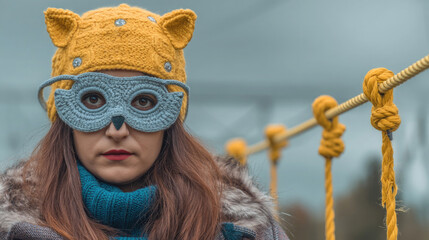 A person stands confidently in a vibrant knitted hat and mask, engaging with a whimsical outdoor setting while expressing a sense of fun and adventure
