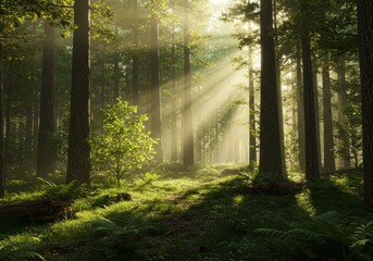 Fototapeta premium Sunlight Streaming Through Forest Trees Creating Natural Light Rays