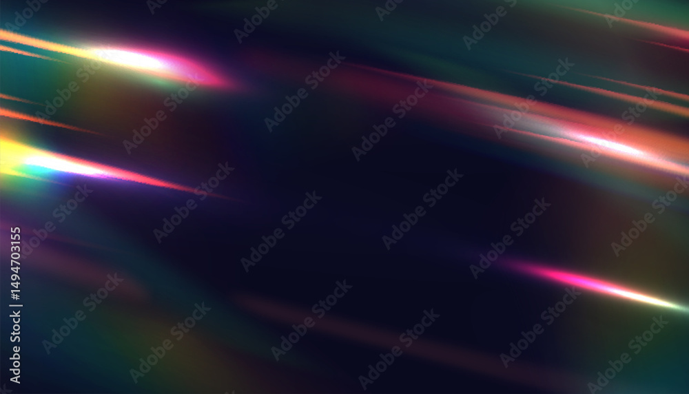 Fototapete diagonal prism light streaks with rainbow dispersion on dark background. abstract refraction glow te