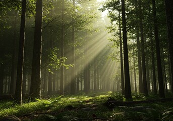 Fototapeta premium Sunlight Streaming Through Dense Forest Creating a Magical Scene