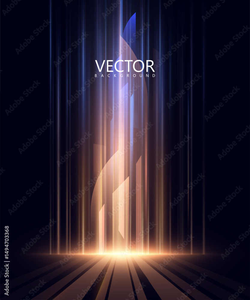 Poster Futuristic abstract background with glowing vertical beams and gradient spotlight. Perfect for digital designs, technology themes, stage lighting, or sci-fi visual compositions.

