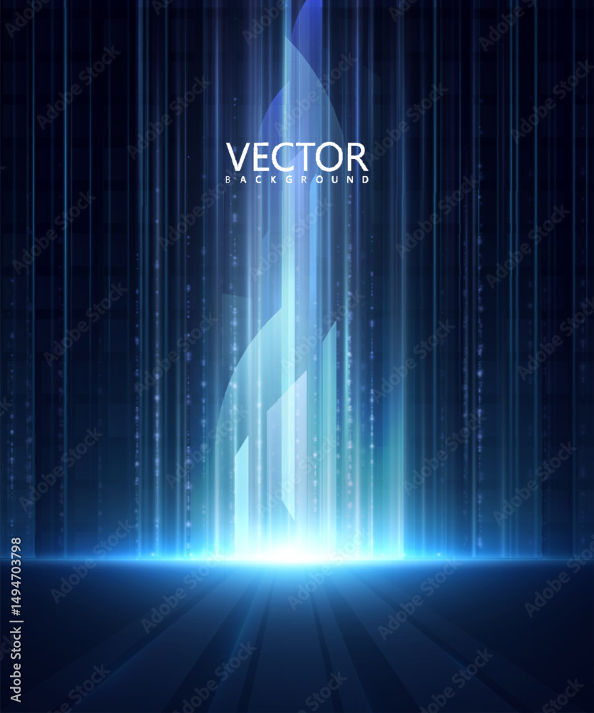 Poster futuristic bright blue background with vertical light stripes on a dark digital scene. modern and te