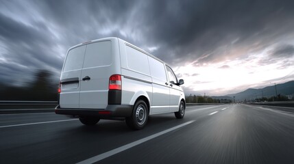 Obraz premium Rear view of white cargo van driving fast on highway under dramatic cloudy sky. Express delivery, commercial transport service, and logistics fleet concept