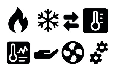 Heating and cooling solid icons set – energy, climate control, temperature management
