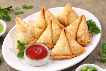 Samosa or samboosa is a triangular fried pastry filled with boiled potatoes seasoned with spices mixed with peas, onions, coriander leaves, and sometimes paneer.