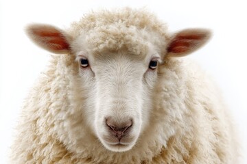 Fototapeta premium Close-up portrait of soft white wool sheep facing camera on white background. Livestock identity, fleece production, and rural agriculture concept