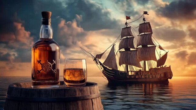 bottle of rum and glass on the wooden barrel and a pirate ship on the background 